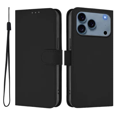 For iPhone 18 Pro Max / 17 Pro Max Case Solid Color Wallet Leather Phone Cover with Strap - Black