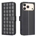BINFEN COLOR For iPhone 18 Pro Max / 17 Pro Max Leather Case  Square Grid Wallet Stand Phone Cover - Black