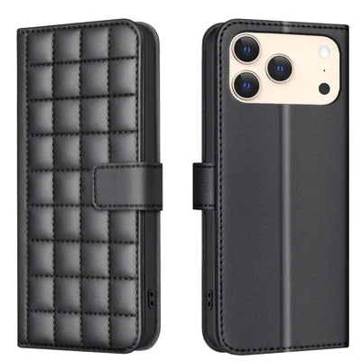 BINFEN COLOR For iPhone 18 Pro Max / 17 Pro Max Leather Case  Square Grid Wallet Stand Phone Cover - Black