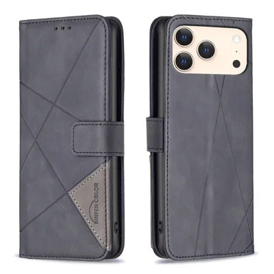 BINFEN COLOR For iPhone 18 Pro Max / 17 Pro Max Phone Case  Wallet Stand Geometry Imprinted Leather Cover - Black