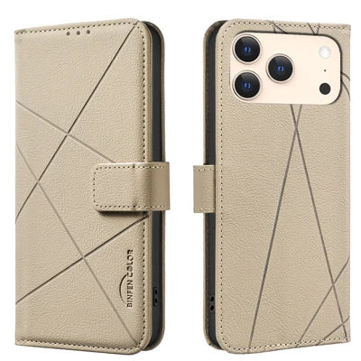 BINFEN COLOR For iPhone 18 Pro Max / 17 Pro Max Case  BF35 Geometry Imprinted Leather Phone Cover RFID Blocking Wallet Stand - Beige