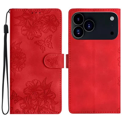 For iPhone 18 Pro Max / 17 Pro Max Case Butterfly Flower Pattern Skin-Touch Leather Phone Cover - Red