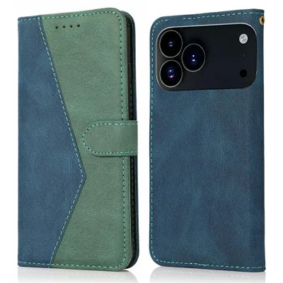 For iPhone 18 Pro Max / 17 Pro Max Case Color Splicing Wallet Stand Leather Phone Cover with Wrist Strap - Blue / Green