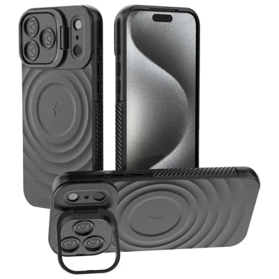 For iPhone 18 Pro Max / 17 Pro Max Case Compatible with MagSafe PC Kickstand Ripple Texture TPU Phone Cover - Black
