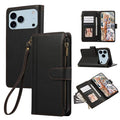 For iPhone 18 Pro Max / 17 Pro Max Case Multi Card Slots Zipper Leather Phone Cover with Wrist Strap - Black