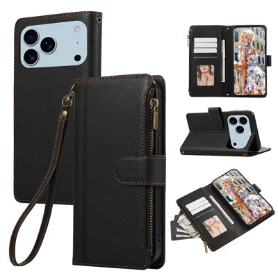 For iPhone 18 Pro Max / 17 Pro Max Case Multi Card Slots Zipper Leather Phone Cover with Wrist Strap - Black