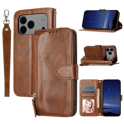 For iPhone 18 Pro Max / 17 Pro Max Case Zipper Pocket Wallet Leather Phone Cover with Wrist Strap - Brown