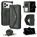 For iPhone 18 Pro Max / 17 Pro Max Leather Case Magnetic Clasp Wallet Stand Phone Cover with Crossbody Strap - Green