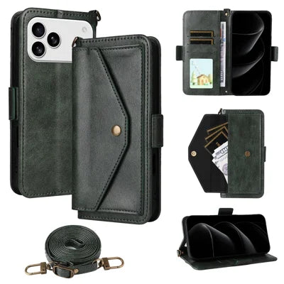 For iPhone 18 Pro Max / 17 Pro Max Leather Case Magnetic Clasp Wallet Stand Phone Cover with Crossbody Strap - Green