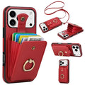 For iPhone 18 Pro Max / 17 Pro Max Case Card Holder Ring Kickstand TPU + PU Leather Phone Cover with Long Strap - Red