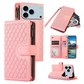 For iPhone 18 Pro Max / 17 Pro Max Case 9 Card Slots Rhombus Design Leather Phone Cover with Wrist Strap - Rose Gold