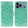 For iPhone 18 Pro Max / 17 Pro Max Case PU Leather Mandala Imprinted Design Wallet Phone Cover with Wrist Strap - Green