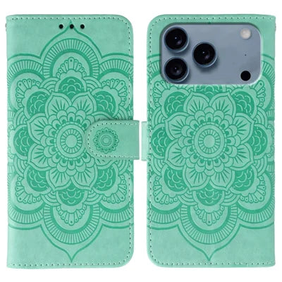 For iPhone 18 Pro Max / 17 Pro Max Case PU Leather Mandala Imprinted Design Wallet Phone Cover with Wrist Strap - Green