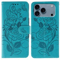 For iPhone 18 Pro Max / 17 Pro Max Case Wallet Stand Imprinted Rose Butterfly PU Leather Phone Cover - Blue