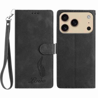 For iPhone 18 Pro Max / 17 Pro Max Case Imprinted Feather PU Leather Wallet Phone Cover with Wrist Strap - Black