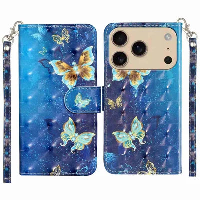 For iPhone 18 Pro Max / 17 Pro Max Wallet Case 3D Pattern Printed Leather Phone Cover with Strap - Blue Gold Butterflies