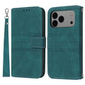 For iPhone 18 Pro Max / 17 Pro Max Case Wallet Skin-Touch Leather Imprinted Phone Cover with Wrist Strap - Blackish Green