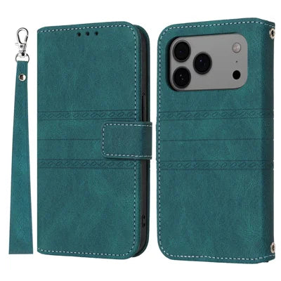 For iPhone 18 Pro Max / 17 Pro Max Case Wallet Skin-Touch Leather Imprinted Phone Cover with Wrist Strap - Blackish Green