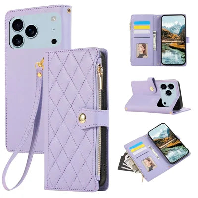 For iPhone 18 Pro Max / 17 Pro Max Case Multi Card Slots Zipper Rhombus Leather Phone Cover with Wrist Strap - Purple