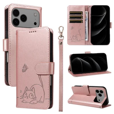 For iPhone 18 Pro Max / 17 Pro Max Case Cat Pattern Imprint Leather Phone Cover with Wrist Strap - Rose Gold