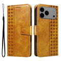 For iPhone 18 Pro Max / 17 Pro Max Leather Case Wallet Stand Grids Imprinted Phone Cover with Strap - Yellow