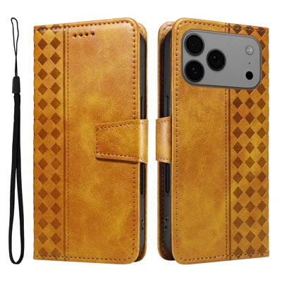 For iPhone 18 Pro Max / 17 Pro Max Leather Case Wallet Stand Grids Imprinted Phone Cover with Strap - Yellow