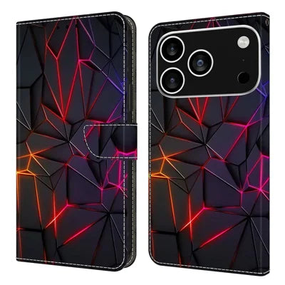 For iPhone 18 Pro Max / 17 Pro Max Case with Card Slot Pattern Printed TPU + PU Leather Flip Phone Cover - Red Cracks