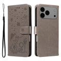 For iPhone 18 Pro Max / 17 Pro Max Leather Wallet Case Cat Bee Pattern Phone Cover Stand - Grey