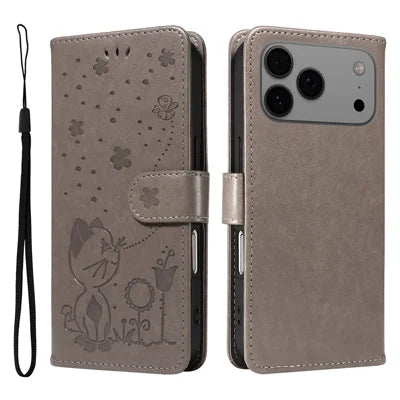 For iPhone 18 Pro Max / 17 Pro Max Leather Wallet Case Cat Bee Pattern Phone Cover Stand - Grey