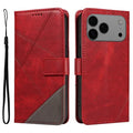 For iPhone 18 Pro Max / 17 Pro Max Leather Case Geometric Line Design Wallet Phone Cover with Wrist Strap - Red