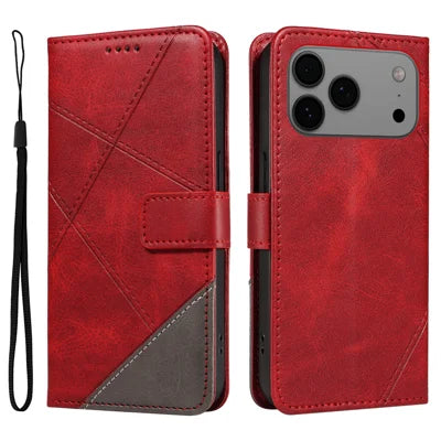 For iPhone 18 Pro Max / 17 Pro Max Leather Case Geometric Line Design Wallet Phone Cover with Wrist Strap - Red