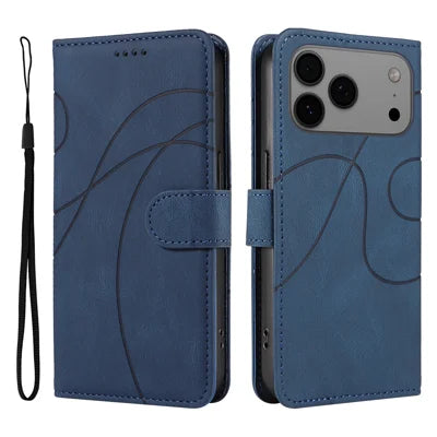 For iPhone 18 Pro Max / 17 Pro Max Wallet Case Leather Phone Cover Stand with Curved Line Design - Blue