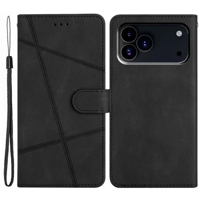 For iPhone 18 Pro Max / 17 Pro Max Wallet Case Line Imprinted Skin-Touch Leather Flip Phone Cover - Black