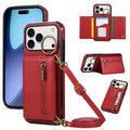 For iPhone 18 Pro Max / 17 Pro Max Leather Back Cover Zipper Wallet Kickstand Phone Case with Shoulder Strap - Red