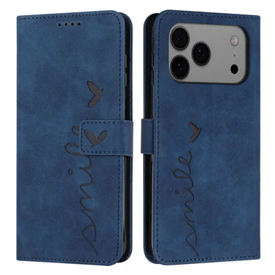 For iPhone 18 Pro Max / 17 Pro Max Stand Case PU Leather Phone Cover Imprinted Heart Pattern - Blue