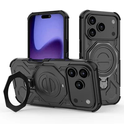 For iPhone 18 Pro Max / 17 Pro Max Magnetic Case Rotating Metal Kickstand Shockproof PC + TPU Phone Back Cover - Black