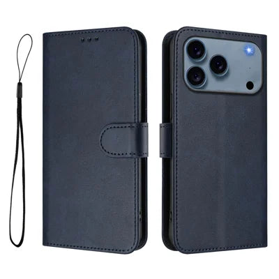 For iPhone 18 Pro Max / 17 Pro Max Wallet Case RFID Blocking Calf Texture Leather Stand Phone Cover with Strap - Blue