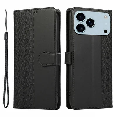 For iPhone 18 Pro Max / 17 Pro Max Case Splicing Imprinted Rhombus Leather Phone Cover with Wrist Strap - Black