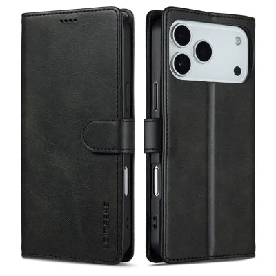 LC.IMEEKE For iPhone 18 Pro Max / 17 Pro Max Case Calf Texture PU Leather Stand Wallet Phone Cover - Black