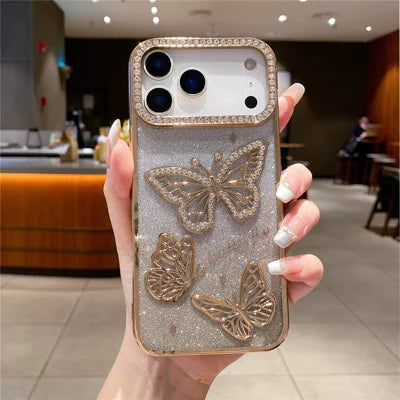 For iPhone 18 Pro Max / 17 Pro Max Case Rhinestone Butterfly Decor TPU Phone Back Cover - Gold
