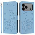 For iPhone 18 Pro Max / 17 Pro Max Wallet Case Cats Imprint Leather Phone Cover with Strap - Blue