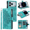 For iPhone 18 Pro Max / 17 Pro Max Wallet Case Mandala Flower Pattern PU Leather Phone Cover with Wrist Strap - Mint Green