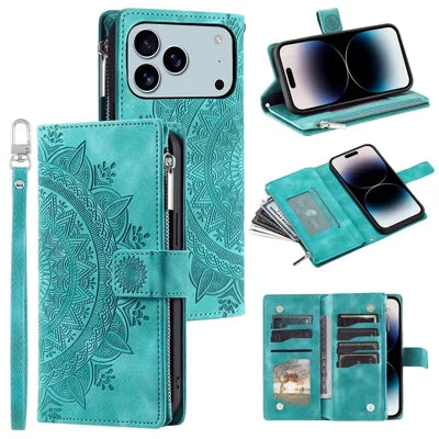 For iPhone 18 Pro Max / 17 Pro Max Wallet Case Mandala Flower Pattern PU Leather Phone Cover with Wrist Strap - Mint Green