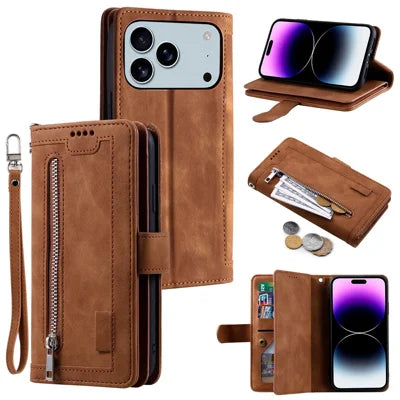 For iPhone 18 Pro Max / 17 Pro Max Case 9 Card Slots Zipper Wallet PU Leather Phone Cover with Wrist Strap - Brown