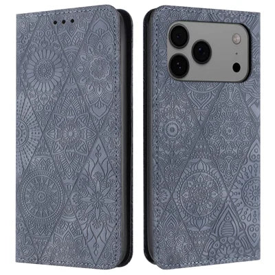 For iPhone 18 Pro Max / 17 Pro Max Case Imprinted Flower Wallet Stand Leather Phone Cover - Grey