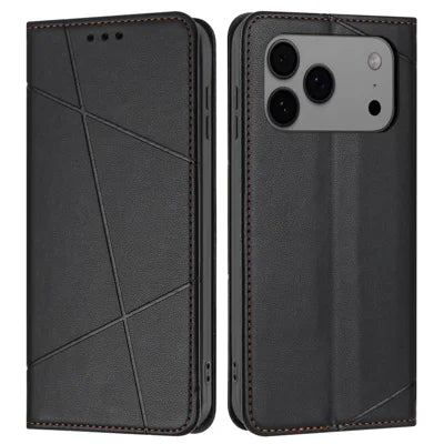 For iPhone 18 Pro Max / 17 Pro Max Wallet Case Line Imprinted Leather Stand Phone Cover with Wrist Strap - Black