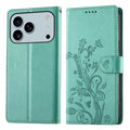 For iPhone 18 Pro Max / 17 Pro Max Wallet Case Butterfly Floral Imprint PU Leather Phone Cover with Wrist Strap - Green