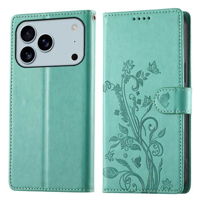 For iPhone 18 Pro Max / 17 Pro Max Wallet Case Butterfly Floral Imprint PU Leather Phone Cover with Wrist Strap - Green