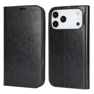 For iPhone 18 Pro Max / 17 Pro Max Case Crazy Horse Texture Split Leather Wallet Phone Cover - Black