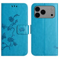 For iPhone 18 Pro Max / 17 Pro Max Case Wallet Stand Imprinted Butterfly Flower PU Leather Phone Cover - Blue